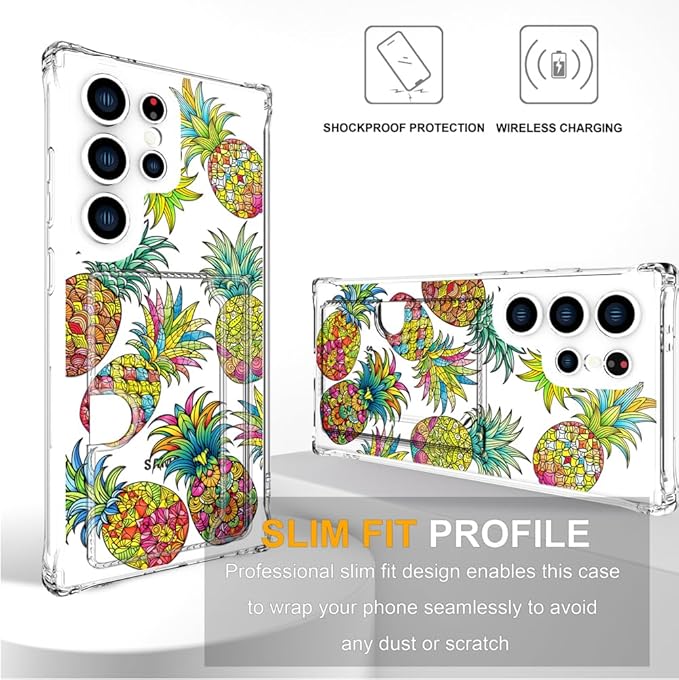 Compatible with Samsung Galaxy S24 Ultra Case Card Holder for Women Cute Design,Wallet Phone Cases Transparent Cool Kawaii Protective (Clear Pineapple Fruit Tropical)