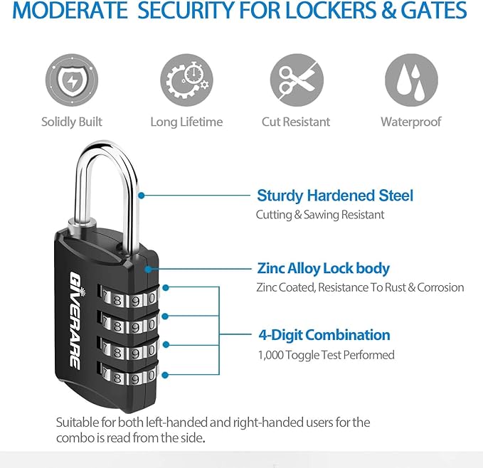 GIVERARE 4 Pack Combination Lock, 4-Digit Padlock Keyless, Resettable Luggage Locks for Backpack, Gym & School & Employee Locker, Weatherproof Travel Lock for Fence, Backyard Gate, Hasp, Case-Black