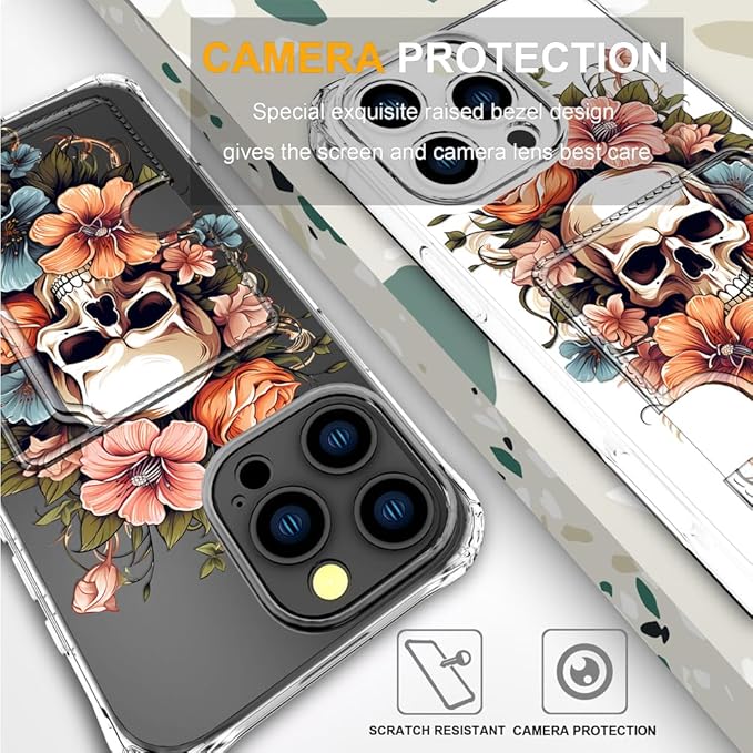 Compatible with iPhone 16 Pro Case Card Holder for Women Cute Design,Wallet Phone Cases Transparent Cool Kawaii Protective (Clear Skull & Flowers)