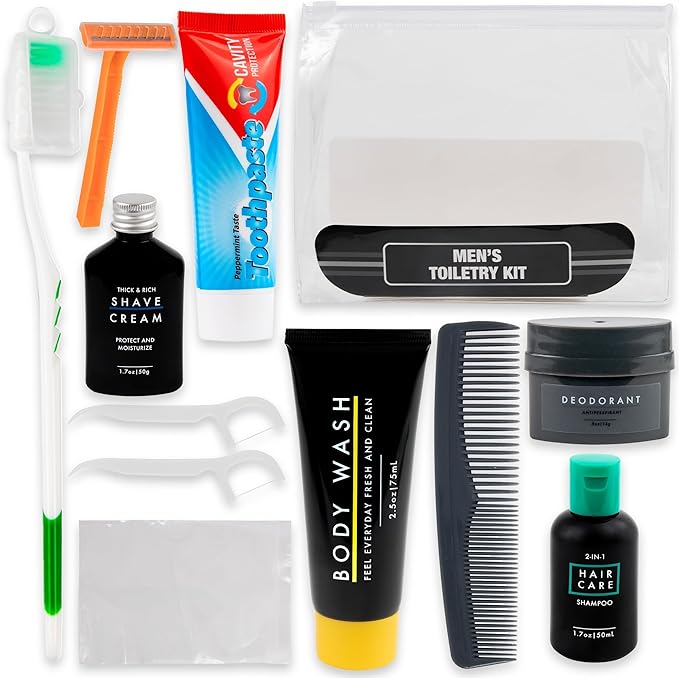 Trail maker Men’s Travel Toiletry Bag with Supplies, 13 Piece Travel Size TSA Compliant Oral Care and Grooming Essentials Kit