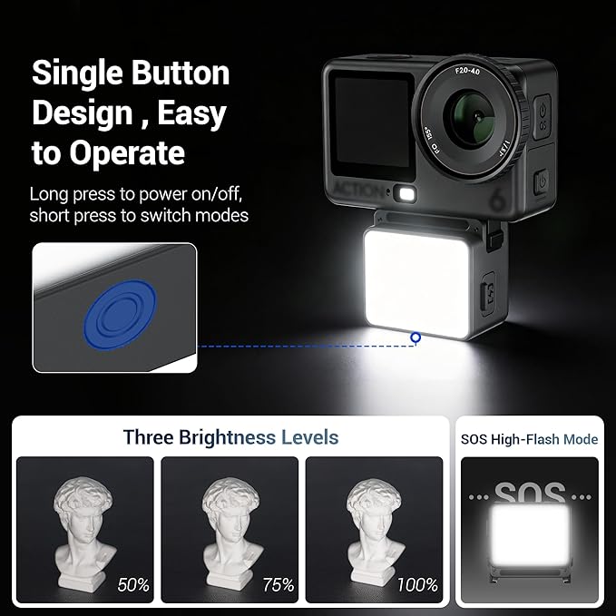 JJC Action 6 LED Light Magnetic Auxiliary Fill Light for DJI Osmo Nano & Action 6 Accessories, Rechargeable IPX5 Waterproof Mini Video Light, Action6 Accessories for Selfie Vlog Recording Lightweight