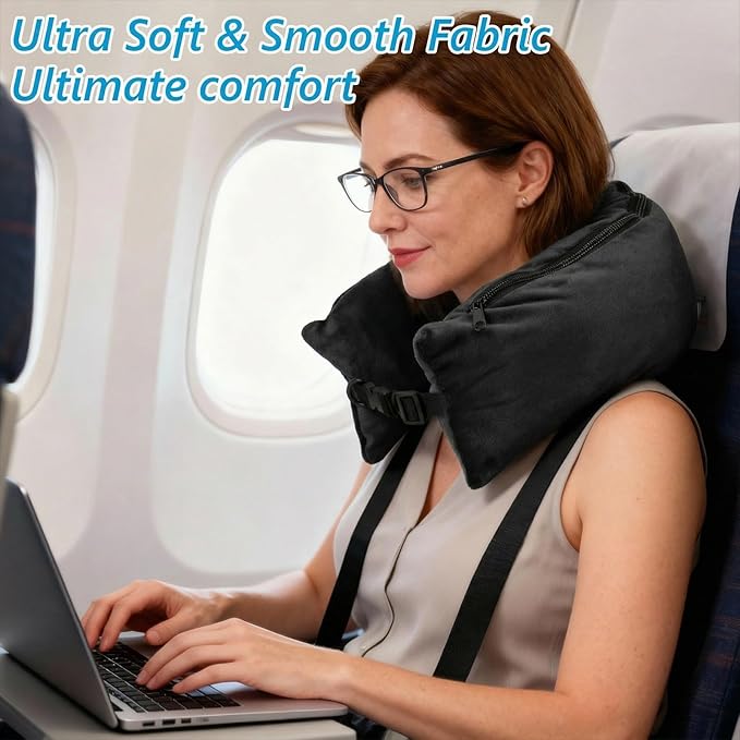 Stuffable Travel Neck Pillow Velvet Stuffable Pillow for Traveling Neck Pillows for Extra Luggage with Adjustable Necks Size Portable Travel Essentials Multifunctional Sleeping Rest Cush(Black)