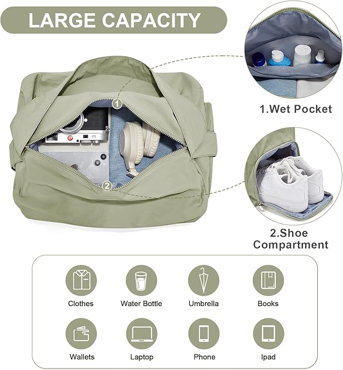 Large Gym Bag with Shoe Compartment, Workout Sport Duffle Bag for Women Travel, Waterproof Shoulder Overnight Bags Lightweight Carry on Tote Bags for Swim, Yoga, Dance