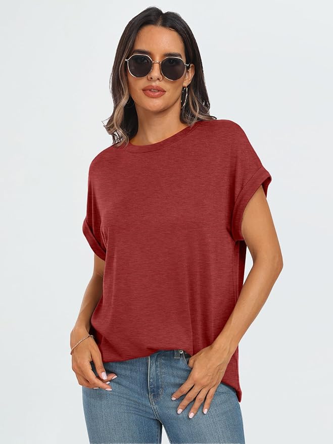 AUTOMET Women's Oversized Short Sleeve T Shirts Casual Drop Shoulder Rolled Cuff Summer Tops for Work, Travel and Lounge