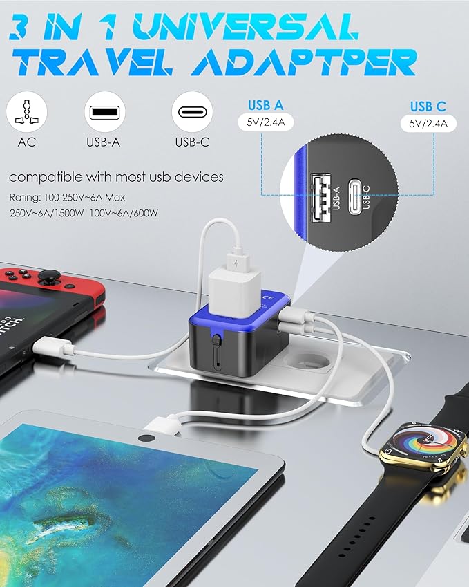 Universal Travel Adapter with (Type C+USB) 2 USB Ports & AC Outlet, International Plug Adapter Converter, Type C/A/G/I All in One Wall Charger Worldwide Travel Adaptor for US to EU UK AUS Asia