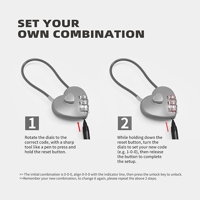 Cable Locks with Combination, Combo Lock with Cable, Small Padlock Combination, for Travel Luggage, Bag, Bike Helmet, Pet Cage, Cabinet, French Refrigerator Door, Pool Gate, Outdoor Fence