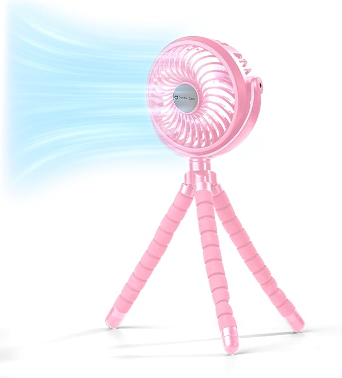 Comfort Zone Portable Stroller Fan – Rechargeable Battery Operated Clip-On Fan with 360° Flexible Tripod & LED Light – 3-Speed Cooling for Car Seats, Cribs, Treadmills & Travel – Pink