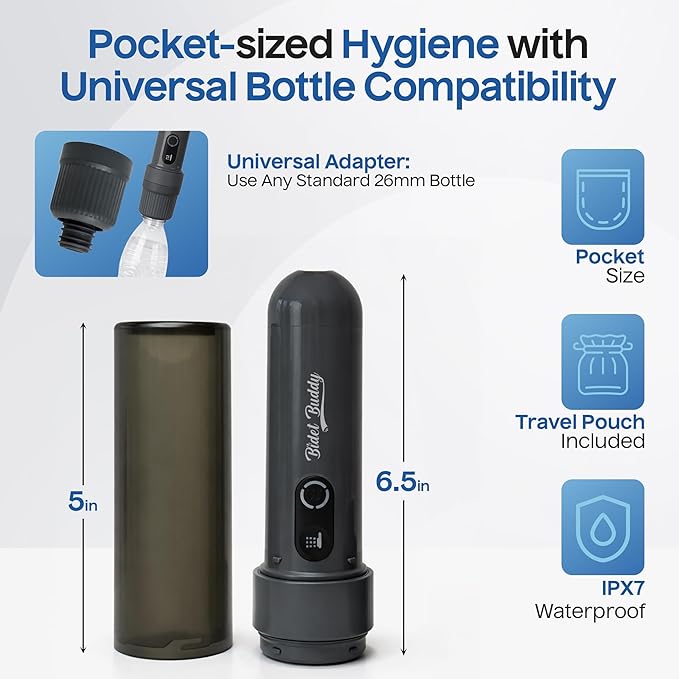 BIDET BUDDY® GoFlow Portable Bidet for Travel - 180ml Bottle with Two Power Modes, Nozzle Wand, IPX6 Waterproof, USB C Charging, 800mAh Rechargeable Battery, Medium Pressure