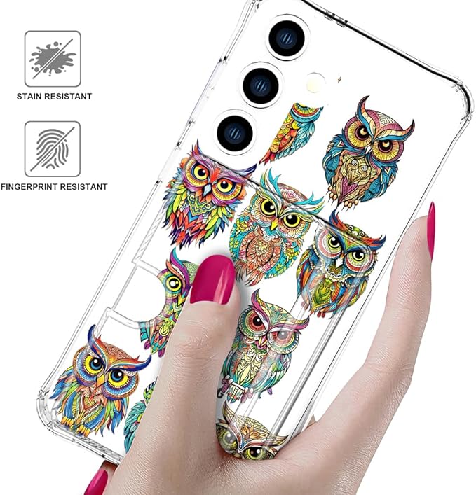 Compatible with Samsung Galaxy S24+ Plus / S25+ Plus Case Card Holder for Women Cute Design,Wallet Phone Cases Transparent Cool Kawaii Protective (Clear Colorful Owls Cartoon)