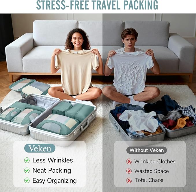 Veken 10 Set Packing Cubes for Travel Essentials, Suitcase Organizer Bags in 4 Sizes, Carry-On Luggage Accessories with Large Laundry Bag & Passport Holder, Must-Have for Airplane, Road Trip & Camping