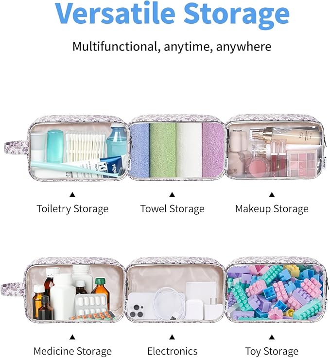 Narwey Clear Toiletry Bags for Traveling Women Men, Clear Travel Bags for Toiletries Makeup Bag Cosmetic Bag with Zipper, Make Up Organizer, Skincare Bag (Dusty Pink Flower)