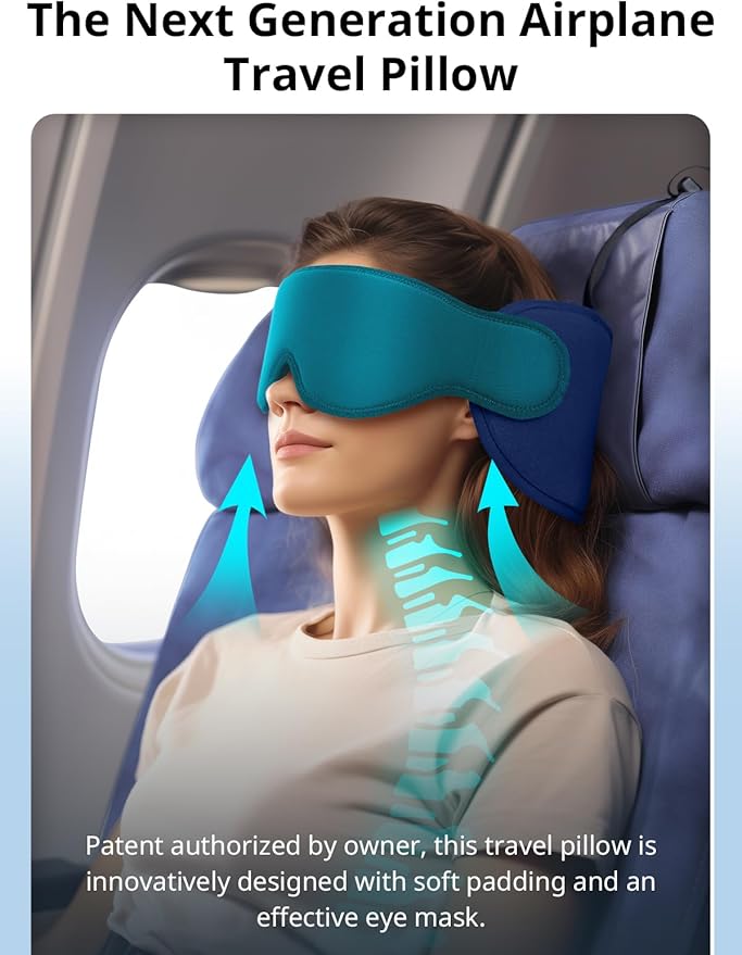 Inspireyes Travel Pillows for Airplanes, 360° Head Support for Long Flight, Soft Airplane Pillow with 3D Eye Mask for Sleeping, Stop Bobblehead, Airplane Headrest Gadgets, Royal Blue