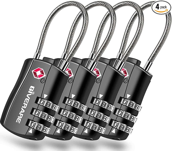 GIVERARE 4 Pack TSA Approved Luggage Locks, Combination Travel Cable Lock, Re-settable 3-Digit Padlocks with Alloy Body, Keyless TSA Padlock for Gym Locker, Golf Bag Case-Black