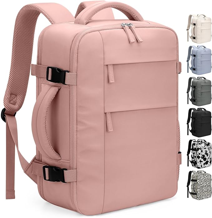 Pritent Travel Backpack for Women Man, Waterproof Personal Item Travel Bag Airline Approved Laptop Backpack Bookbag Weekender bags for Business,Travel, Work Fits 15.6 inch Laptop(Medium,Pink)