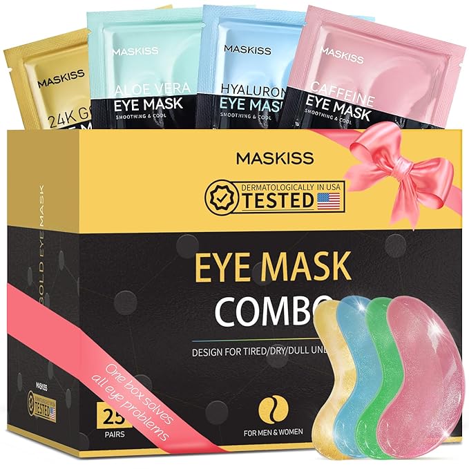 Maskiss Under Eye Patches(25 Pairs), 24K Gold, Caffeine, Hyaluronic Acid, Aloe Vera Eye Masks for Dark Circles Puffy Eyes Undereye Bags, Eye Skin Care Gift Set for Bachelorette Party Favors