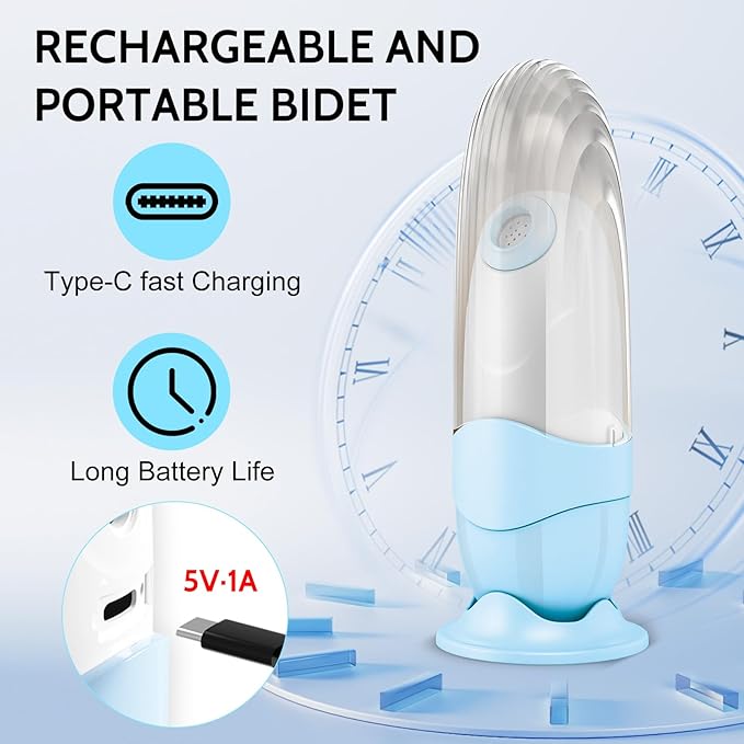 Portable Bidet for Travel Mini Handheld Bottle-Ready Jet Sprayer, Type-C Rechargeable with Gentle & High-Pressure Modes, On-The-Go Camping Toilet Hygiene for Women, Men & Babies（Blue）