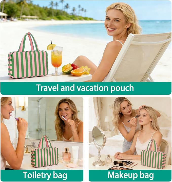 Toiletry Bag for Women Travel Water-resistant Cosmetic Bag Fashion Stripes Makeup Bag with Hanging Hook Preppy for Store Toiletries Cosmetic Accessories Medium Green