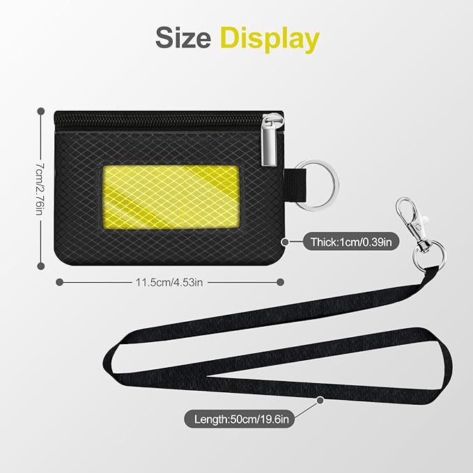 Minimalist RFID Blocking Small Wallet with ID Window,WaterResistant Zip Id Case Wallet with Lanyard Keychain for Cards,Cash,Travel,Women,Men (Black/Lemon Yellow)
