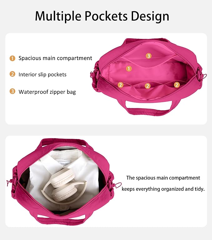 Lightweight Travel Duffle Bag for Women, Quilted Puffy Weekender with Wet Pocket for Gym, Overnight, Personal Item Carry On, Rose Red