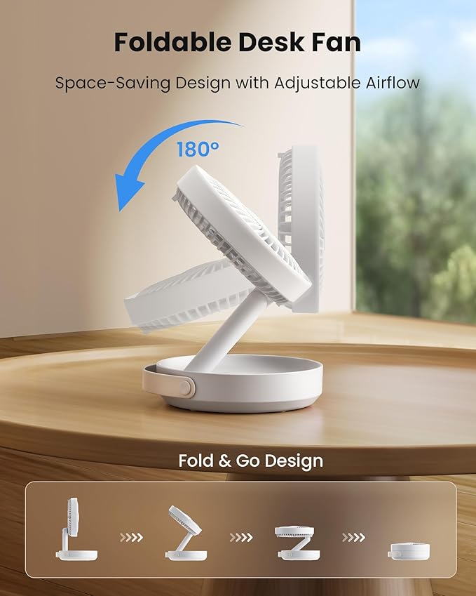 Gaiatop Foldable Small Desk Fan with LED Night Light, 6.8in Wireless 6000mAh Battery Powered Portable Fan USB Rechargeable, Bedroom Office Dorm Camping Travel Cruise Essentials, Gifts for Women Men