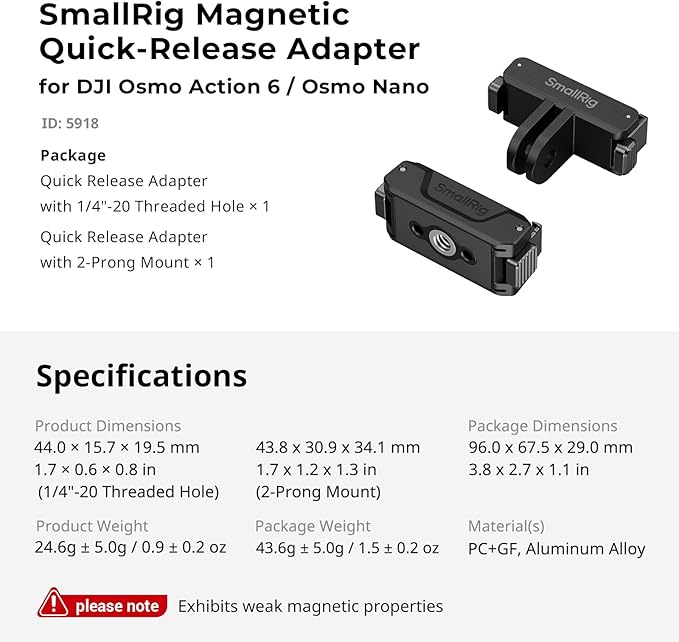 SmallRig Action 6 / Nano Magnetic Quick-Release Adapter Mount for DJI Osmo Action 6 / Osmo Nano, 2 PCS with 2-Prong Mount & 1/4"-20 Threaded Hole, for Tripod/Selfie Stick