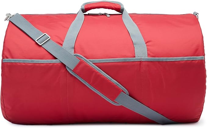 Amazon Essentials 25-inch Foldable Packable Nylon Duffel Bag for Travel and Sports with Multiple Zippered Pockets, 35 lb Weight Capacity, Collapsible for Easy Storage, Red