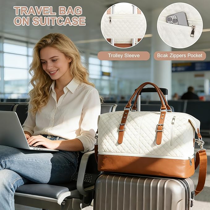 Travel Duffel Bag, Weekender Overnight Bag for Women with Trolley Sleeve, Carry On Bag for Airplanes Sport Tote Gym Bag with Shoes Compartment.(Beige)