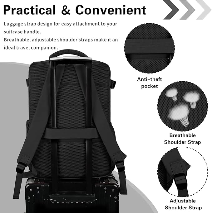 Carry On Backpack for Women & Men – Airline Approved Underseat Size, 15.6" Laptop Compartment, TSA-Friendly 180° Opening, Anti-Theft Business Travel Backpack with Trolley Sleeve (Black, Medium)