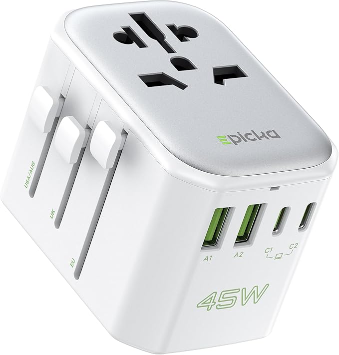 EPICKA Pulse 45W International Power Adapter, Universal Travel Adapter with PD Fast Charging, 5-Port (1 AC/2 USB-A/2 USB-C) European Travel Plug Adapter, Travel Essentials (White)