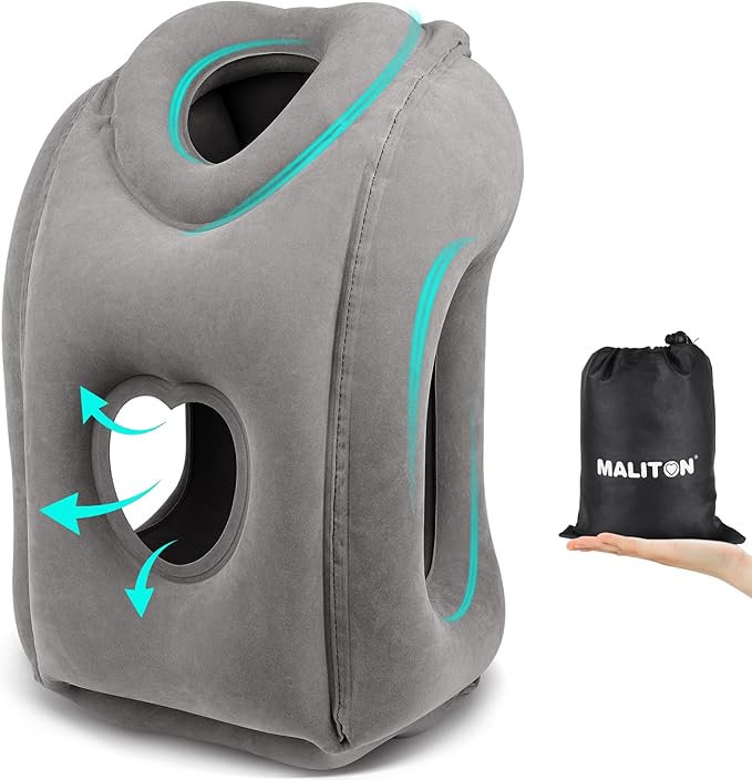 Maliton Inflatable Travel Pillow for Airplane Comfortable Sleeping to Relieve Neck and Shoulder Pain,Support Head Inflatable Pillow for Long Flights, Used for Airplanes,Cars,Trains(Dark Grey)