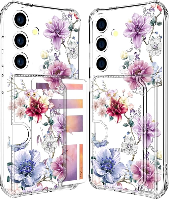 Compatible with Samsung Galaxy S24+ Plus / S25+ Plus Case Card Holder for Women Cute Design,Wallet Phone Cases Transparent Cool Kawaii Protective (Clear Wonderful Large Flowers)