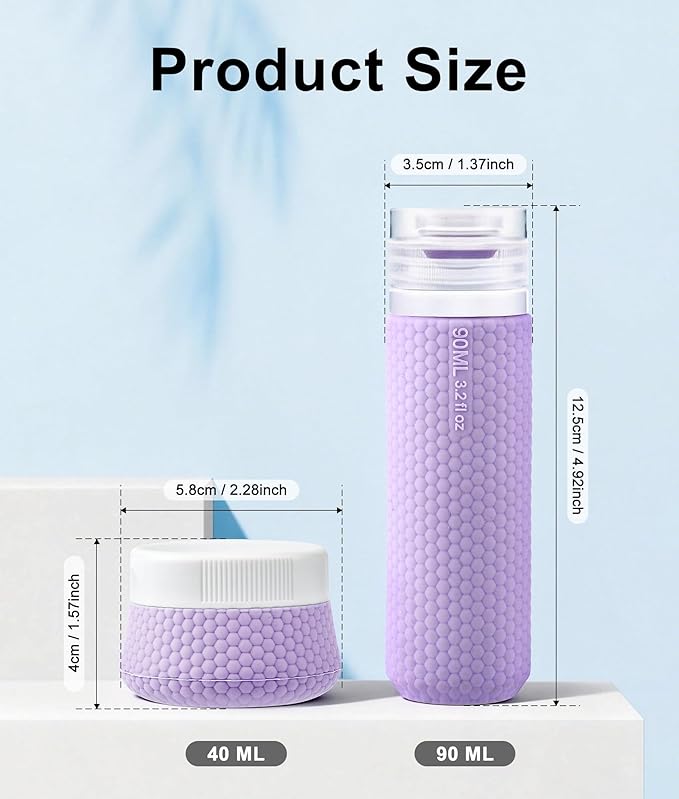 Travel Bottles for Toiletries 2oz 90ml 2 Pack + Cosmetic Jar 40ml 1.35oz 2 Pack Luxury Leather Pattern, Anti-slip Silicone Premium Refillable Bottle Set with Facial Brush for Gym Men Women