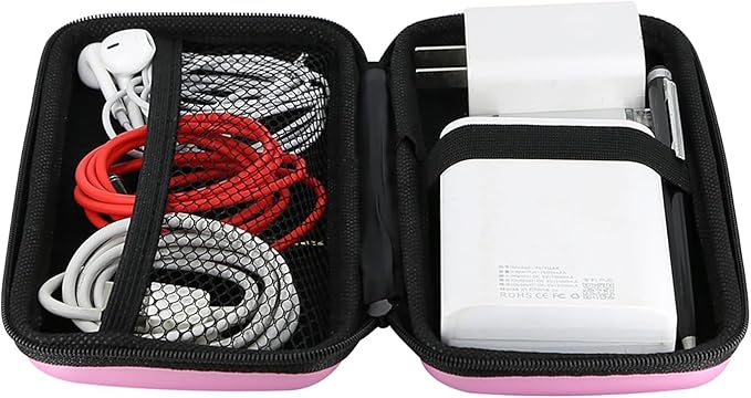 iMangoo Travel Essential Electronics Organizer Pouch Charger Case, Shockproof Dual Zipper Power Bank Cables Tech Accessories Purse, Men & Women Travel Must Have Storage Bag, 6.5x3.2x1 inch Pink