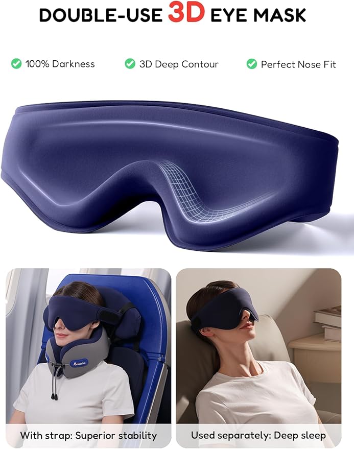 Neck Pillow for Traveling, Travel Pillow for Airplanes with Ergonomic 360° Head Neck Support, Combo with 3D Eye Mask, No Head Bobbing Travel Essentials for Plane,Car,Train,Home-Beige