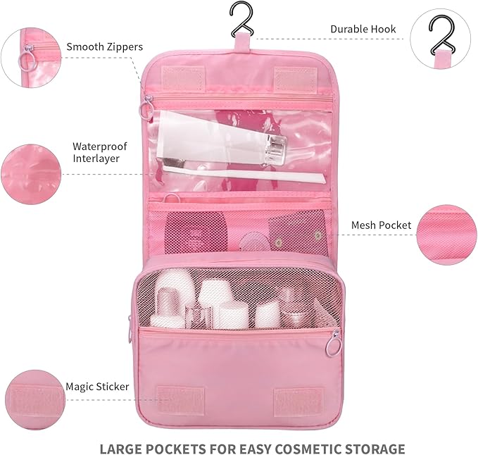 Lcsmaokin Large Capacity Toiletry Bag Travel Bag with Hanging Hook for Men and Women Waterproof Travel Cosmetic Bag Bathroom Storage Bag for Brushes Set, Full-Sized Shampoo,Accessories(Pink)