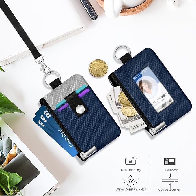 Minimalist RFID Blocking Small Wallet with ID Window,WaterResistant Zip Id Case Wallet with Lanyard Keychain for Cards,Cash,Travel,Women,Men (Dark Blue/Light Gray)