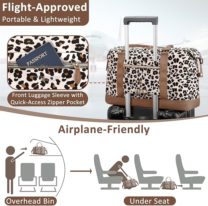 ELONGRIVER Travel Duffle Bag for Women, Weekender Bags, Hospital Bag for Labor Delivery,Lightweight Tote Duffel Overnight Bag with Luggage Sleeve,Airplane Travel Bags with Toiletry Bag,X-Large,Leopard