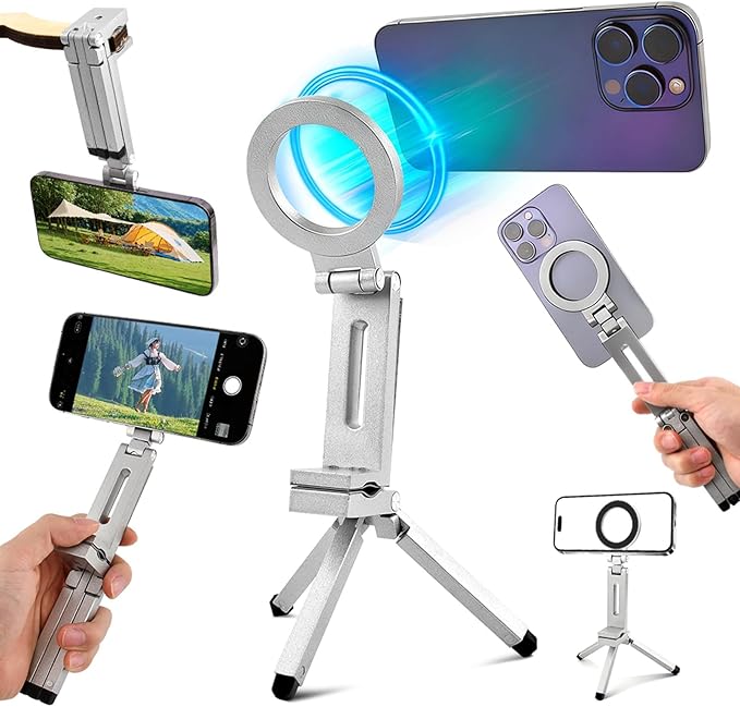 Magnetic Tripod for Phone,360° Rotating Phone Tripod Stand,Adjustable,Clipable,Foldable and Triangular Fixing Airplane Travel Essentials Phones Holder for Phones(Silver,Size:19 * 16cm)