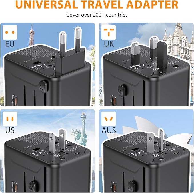 Universal Travel Adapter, International Power Adapter with 35W PD & QC Fast Charging, Travel Plug Adaptor Worldwide with 3 USB-C & 2 USB-A for USA to Europe UK France Germany Australia(Type C/G/A/I)
