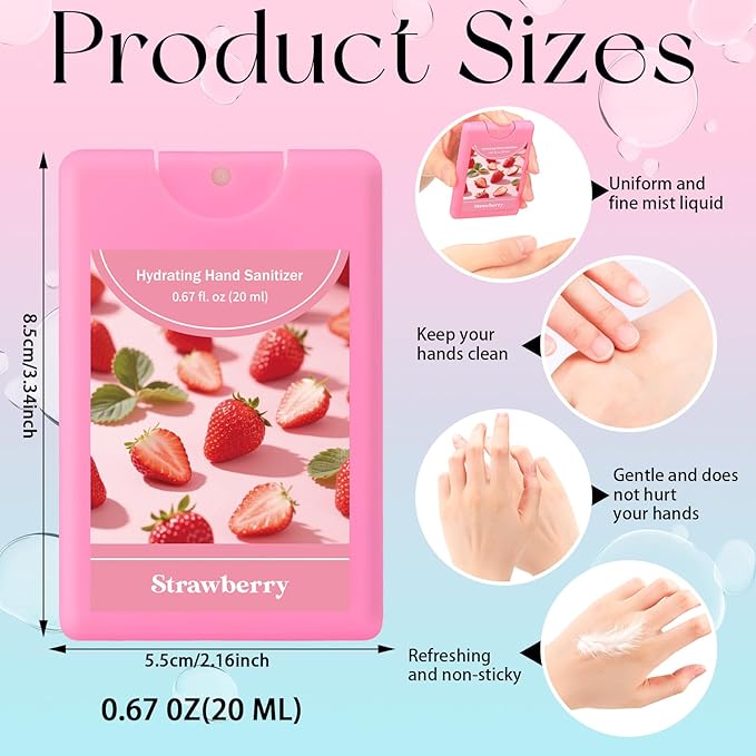 Set of 3 Power Mist Hydrating Hand Sanitizer Spray Bulk Travel Size Refreshing Hand Sanitizer 0.67 Fl. oz Compact Card Spray Bottle Grape Mandarin Strawberry Scent for Mother's Day Women Gifts