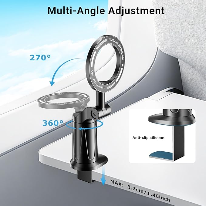 Airplane Phone Holder for MagSafe, Universal 360° Magnetic Plane Phone Stand for Travel Essentials, Handsfree for Air Plane Smartphone Mount Compatible with iPhone 17 16 15 14 13 12 and Android.