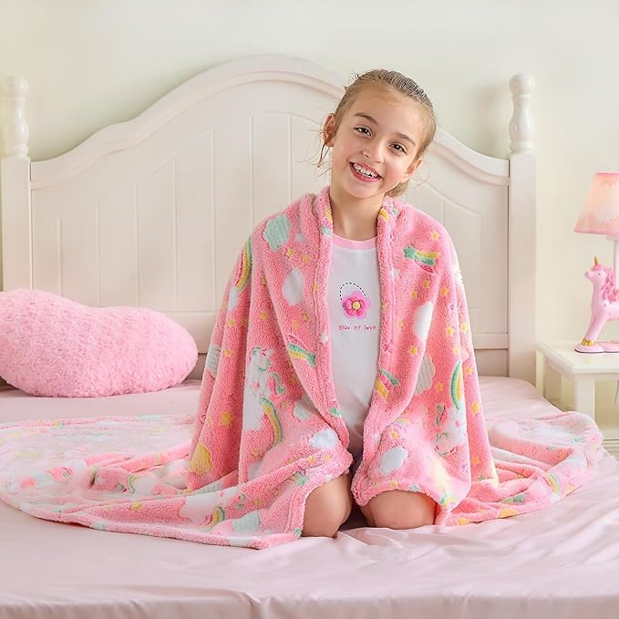 Wajade Rainbow Gifts for Girls - Glow in The Dark Rainbow Blanket Birthday Christmas Decor for Kids Age 3 4 5 6 7 8 9 10 11 12 Years Old Teens Child Toddler Throw Pink 50"x60"