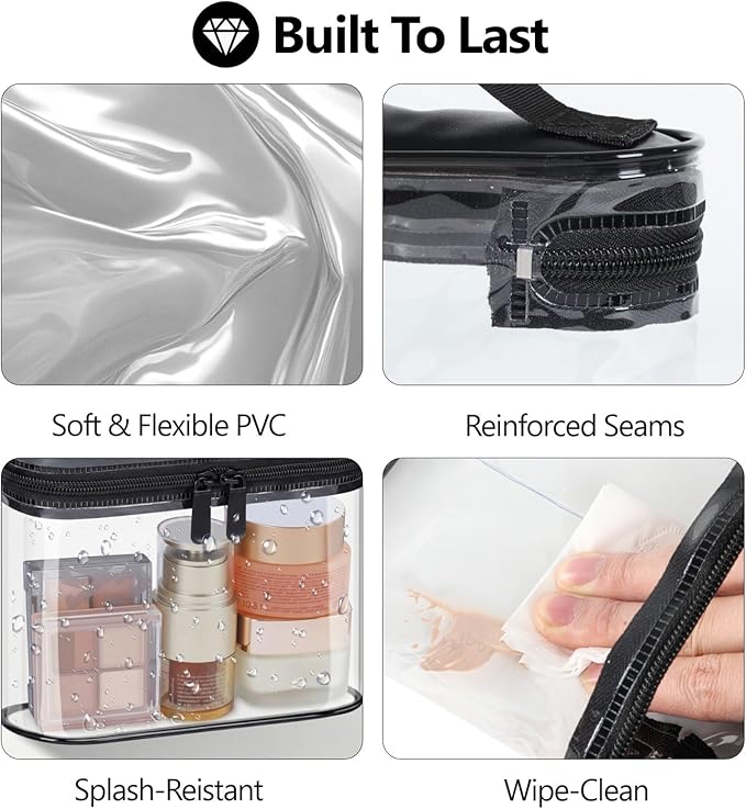 PACKISM TSA Approved Toiletry Bag 2 Pack - Quart Size Clear Makeup Bag with Handle & Dual Metal Zippers, Large Opening 3-1-1 Airline Compliant Security Travel Organizer for Carry On Liquids, Black