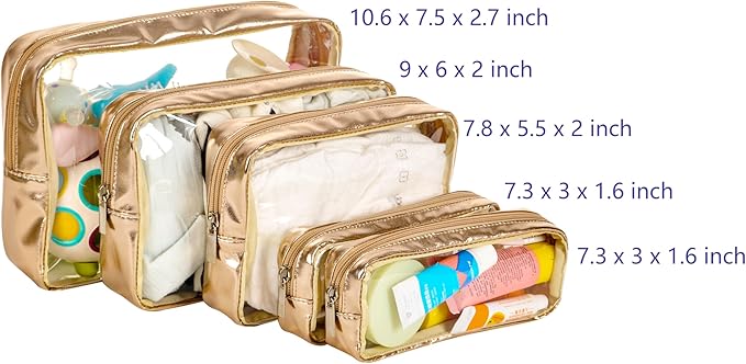 Remobia Hicol TSA Approved 5-Piece Diaper Bag Organizer Pouch Set Clear Waterproof TPU Kids Toiletry Storage Set Travel Packing Clutch Cube Bags for Baby Nursing(Gold leather)