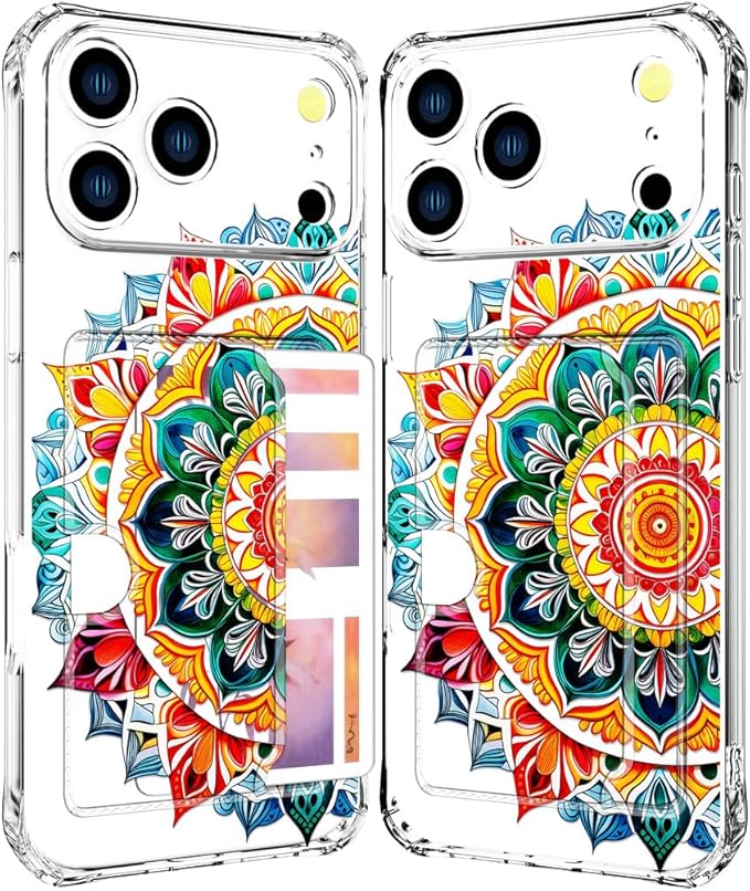 Compatible with iPhone 17 Pro Case Card Holder for Women Cute Design,Wallet Phone Cases Transparent Cool Kawaii Protective (Clear Mandala Henna Flower)