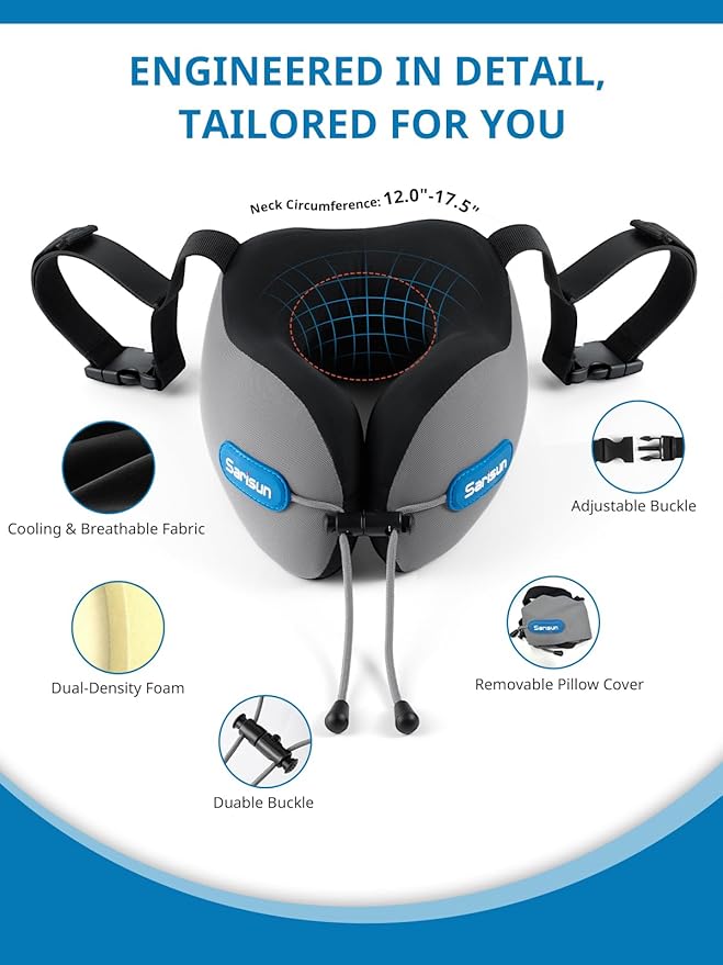 SARISUN Neck Pillow, Real Neck Support Travel Pillow with Strap, Combo with 3D Eye Mask for Sleep, Dual-Density Supportive Foam Neck Pillow for Airplane Flights, Car Road Trip Travel Essentials Gray