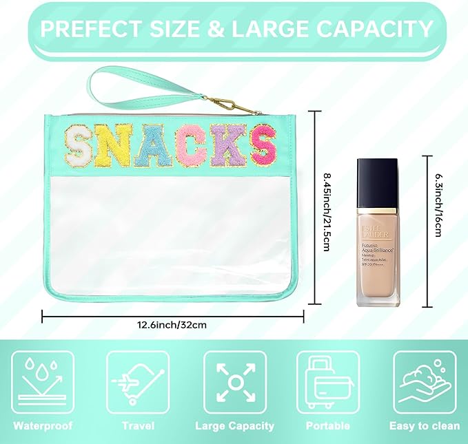 Siwara Snack Bags Clear Pouch Travel Makeup Bag Chenille Letter Bags for Zipper Pouch Clear Cosmetic Bag Clearly Tote Bag Makeup Travel Bags for Women