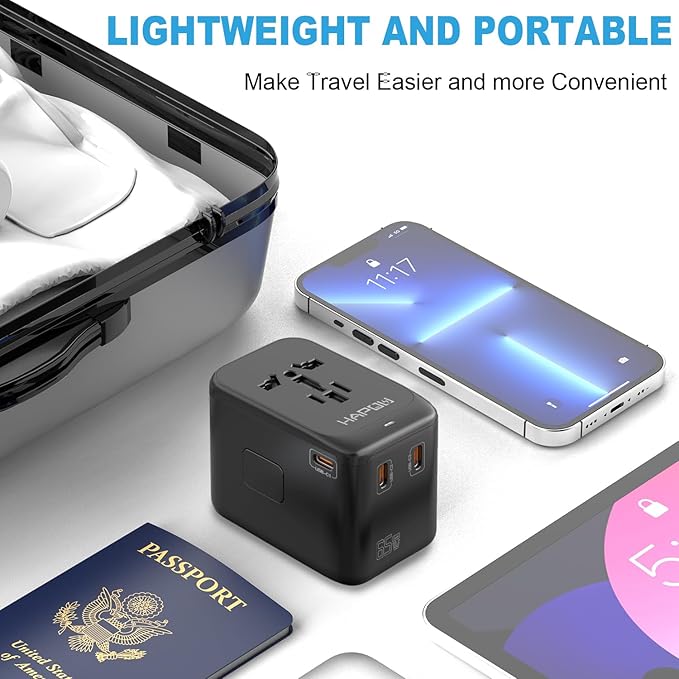 HAPOW Universal Travel Adapter, GaN 65W International Power Adapter, 3 USB-C & 1 USB-A Fast Charging Travel Charger, All in One Worldwide Travel Plug Adapter, Outlet Adapter for Europe UK USA AU