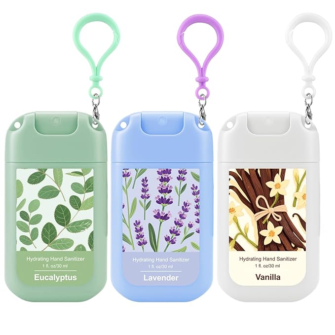 Set of 3 Power Mist Hydrating Hand Sanitizer Spray Bulk with Keychain Travel Size Refreshing Hand Sanitizer 1 Fl. oz Compact Spray Bottle Eucalyptus Lavender Vanilla Scent for Friends Gifts