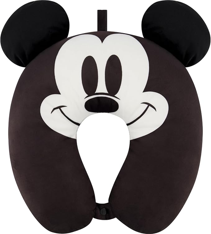 FUL Disney Mickey Mouse Neck Pillow, Travel Accessories with 3D Ears for Airplane, Car and Office, Comfortable and Breathable, Black